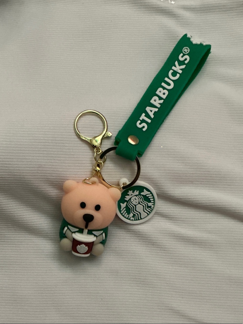 Bearista Bear Keychain/Bag Charm Holding a Coffee Cup With Gold Hardware.